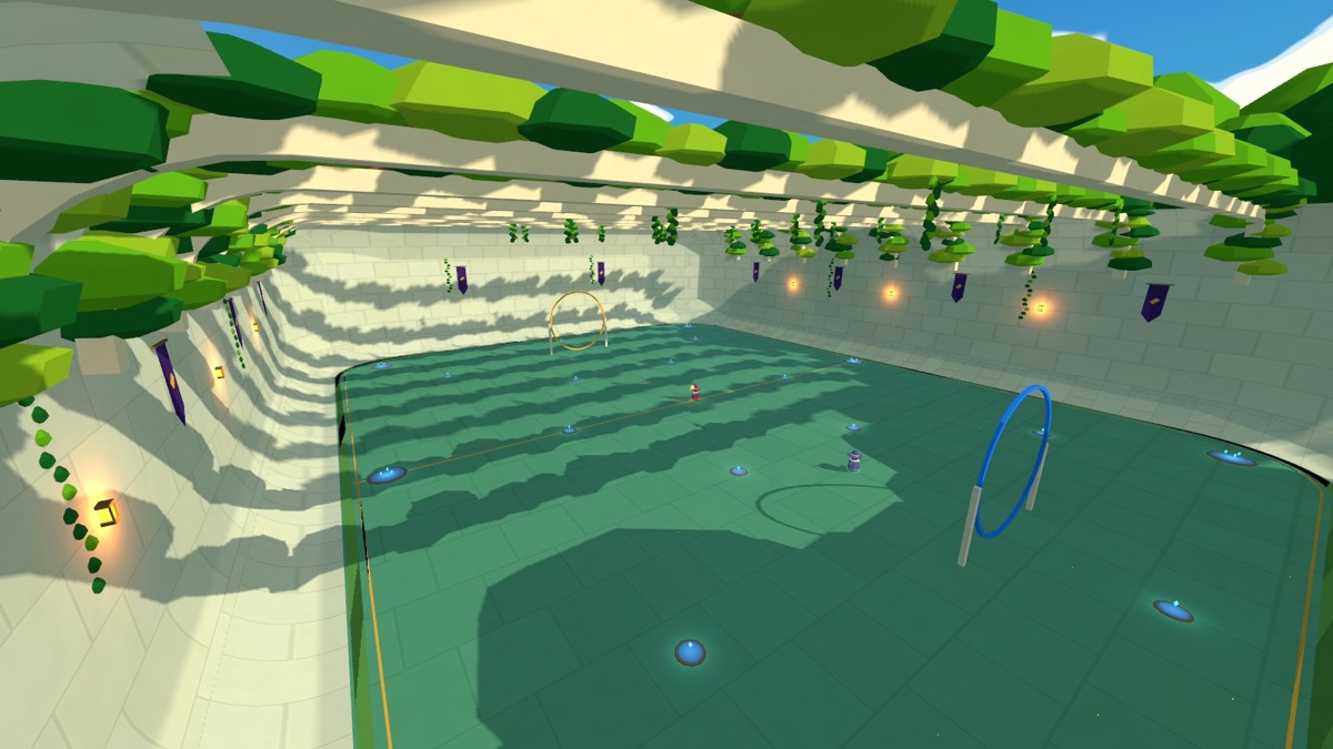 The whole Forest Court from above: curved walls, goals and boost wells