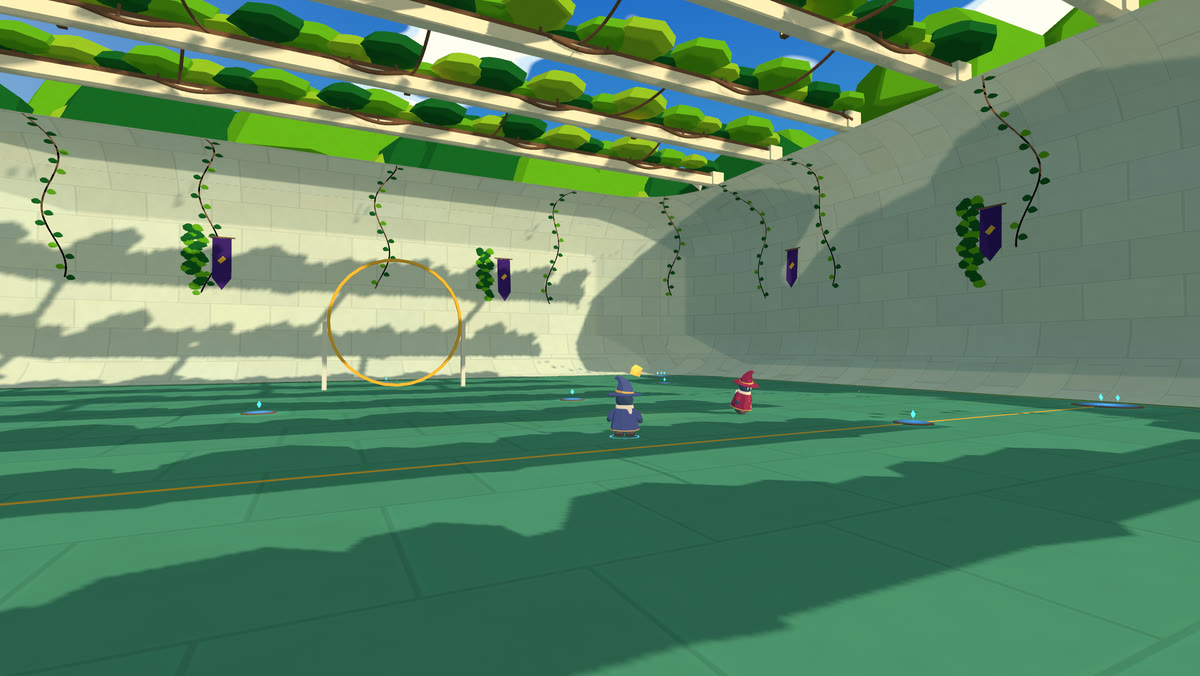 The rebuilt Forest Court: a smooth stone bowl with vines and banners on the walls
