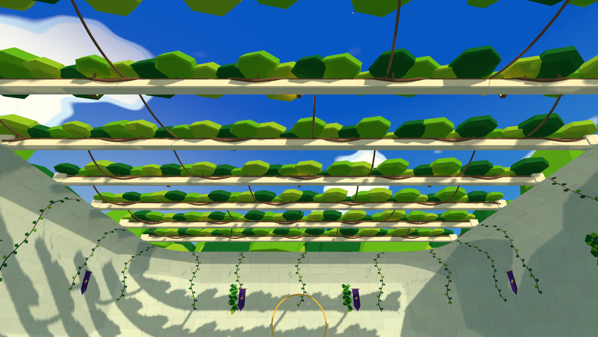 Brown vines winding along the roof beams, holding up the leaves