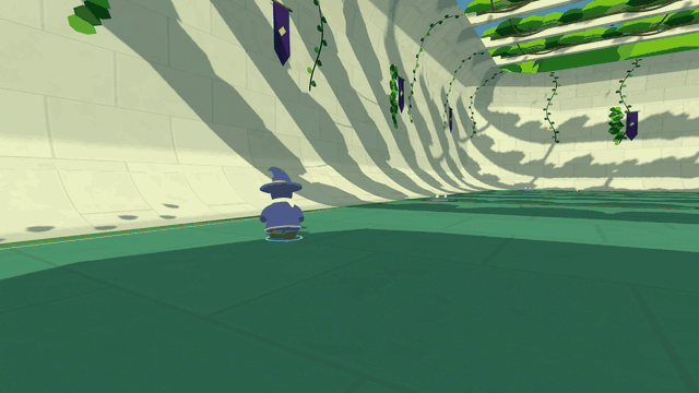 A wizard sprints into the curve of the Forest Court and runs up the wall