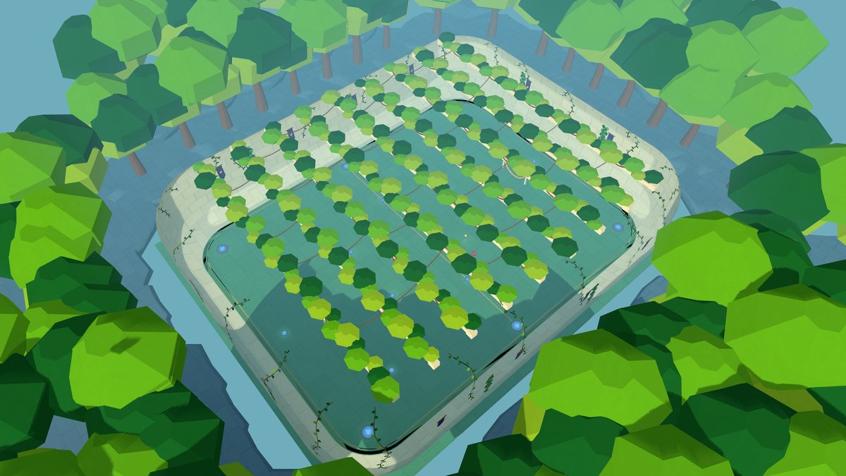 The Forest Court from high above, a stone bowl under its leaf roof, ringed by forest