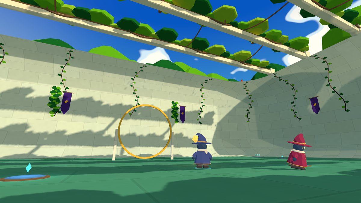 Two wizards square up at midfield in the Forest Court under the vine-held leaf roof