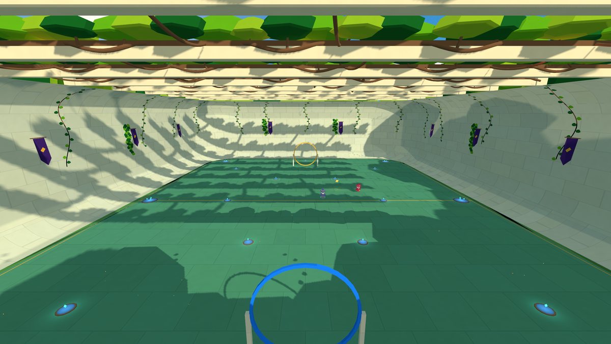 The whole Forest Court from one end, banners down both curved walls