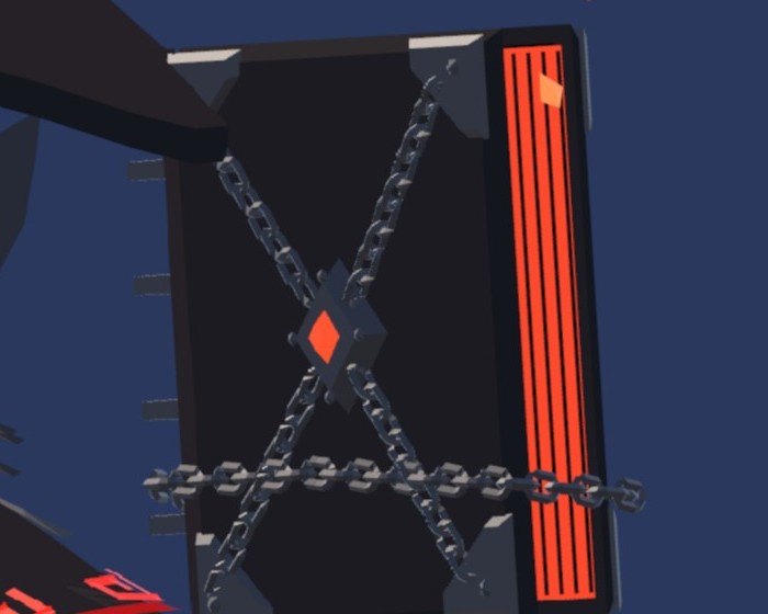 The Chained Grimoire: a black book bound in crossed iron chains with a glowing red page edge