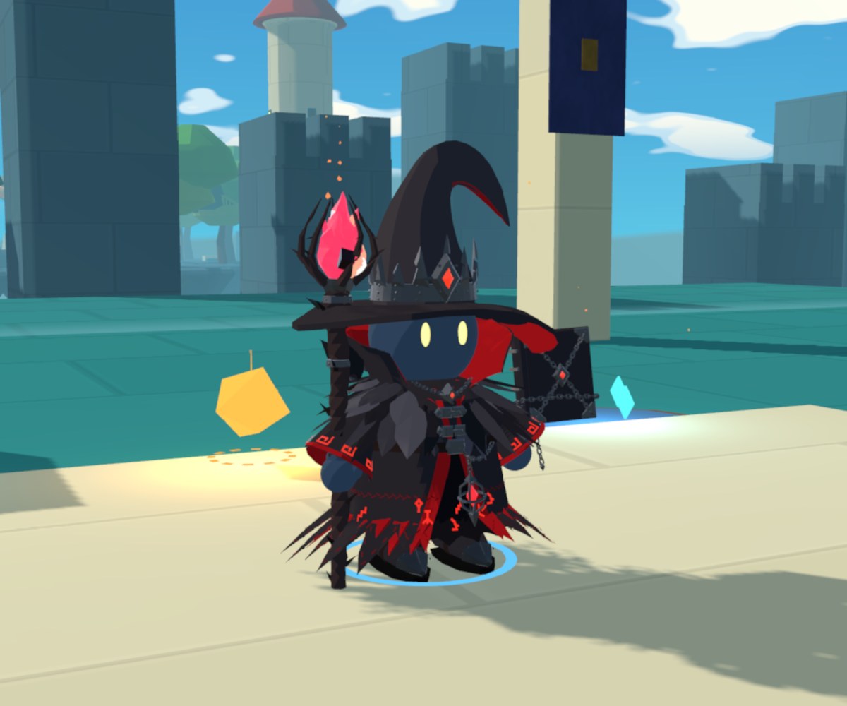 A wizard wearing the full Hollow Sovereign regalia standing on the court