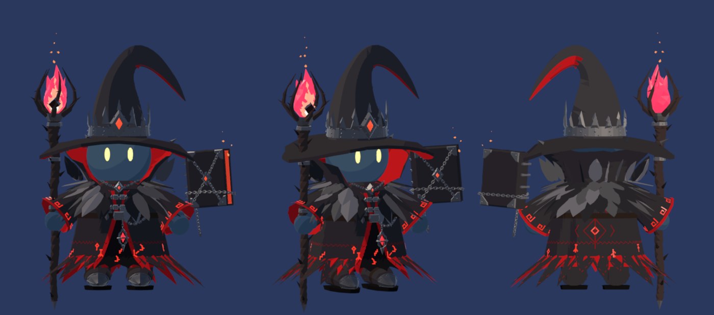The Hollow Sovereign from the front, three-quarter and back: black spire hat with an iron crown, raven mantle, ember-rune robe, flame staff and chained grimoire
