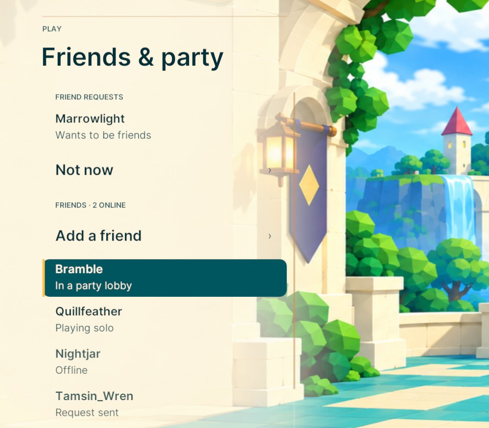 The Friends & party page: a friend request, then friends with their status