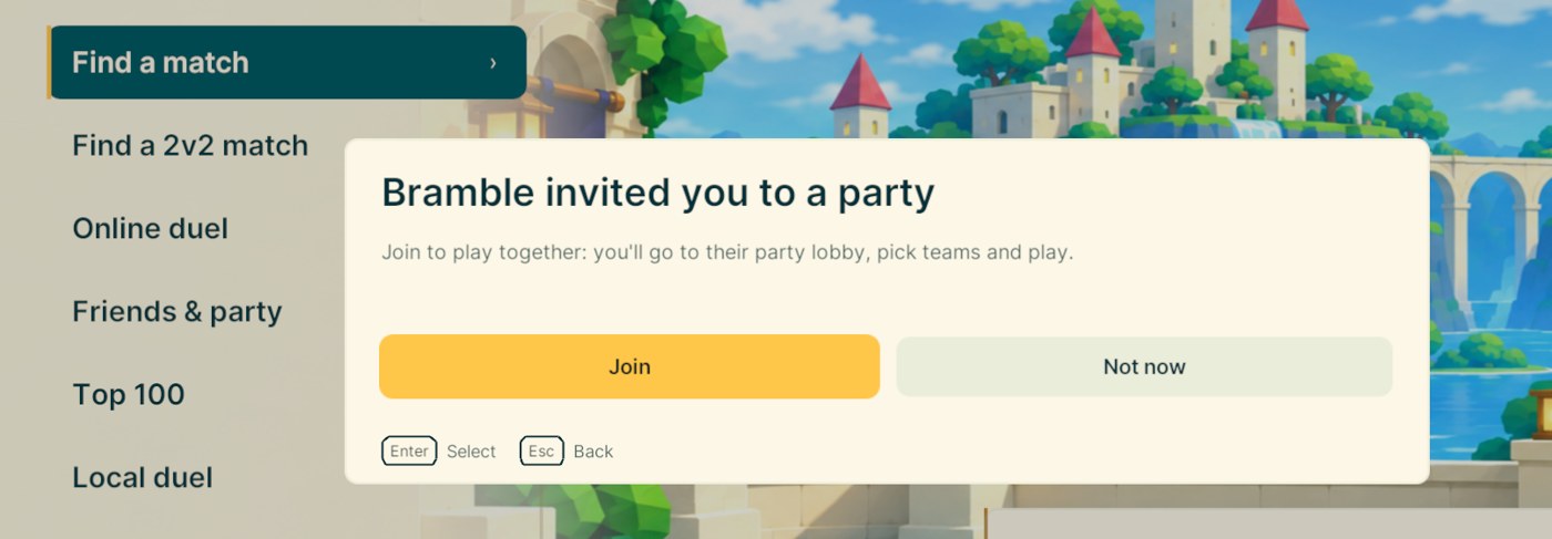 A party invite card on the Play menu with Join and Not now