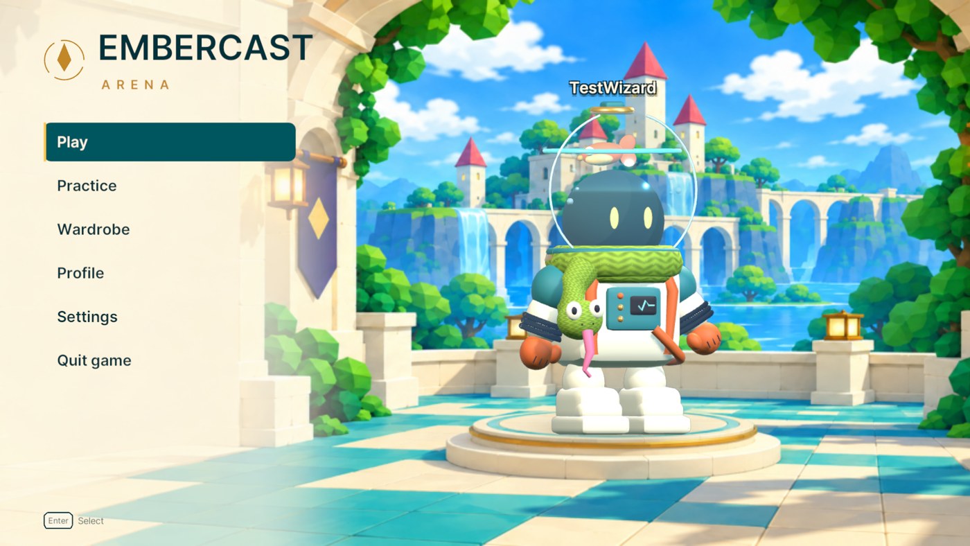 The home screen: Play, Practice, Wardrobe, Profile, Settings, with the player standing on the dais and their name floating above their hat