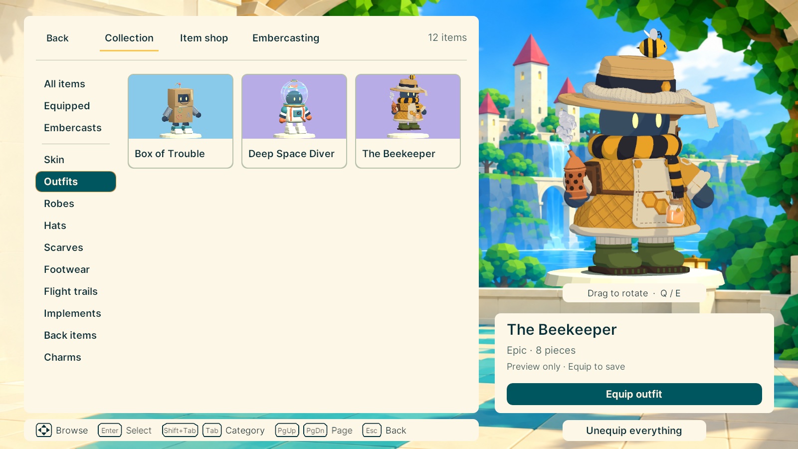 The Wardrobe on Outfits: Box of Trouble, Deep Space Diver and The Beekeeper, with the Beekeeper worn in full on the wizard and an Equip outfit button