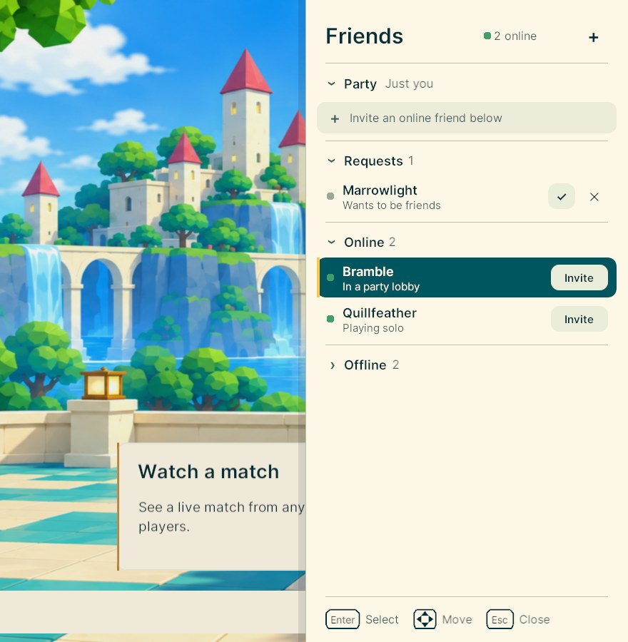 The friends tray: your party, a friend request with accept and decline, online friends with Invite buttons, offline friends folded