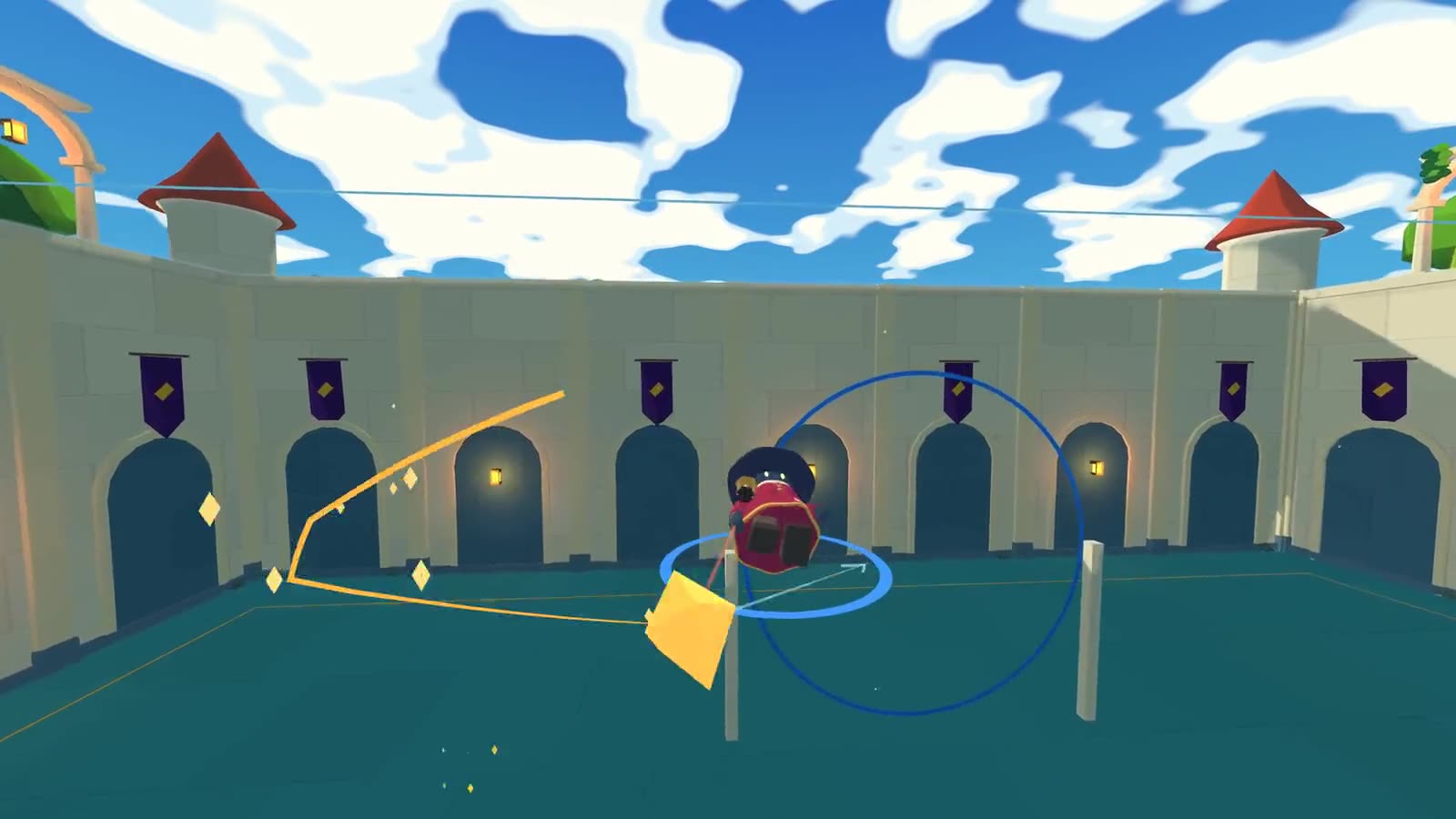 The first double tap in Embercast: a wizard flies through the ring with the ember on its tether